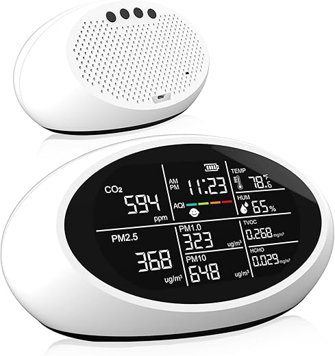 12 in 1 Air Quality Monitor Indoor- Portable Indoor Air Quality Meter for CO2, TVOC, PM2.5, PM1.0, PM10, Temperature, Humidity & Time Display【Dual Chip & High Accuracy】 Air Quality Tester for Home