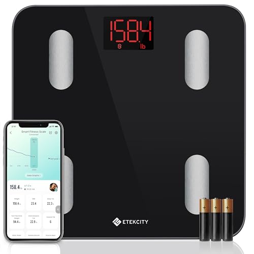 Etekcity Scales for Body Weight, Bathroom Digital Weight Scale Fat, Smart Bluetooth BMI, and Loss, Sync 13 Data with Other Fitness Apps, Black, 11x11 Inch