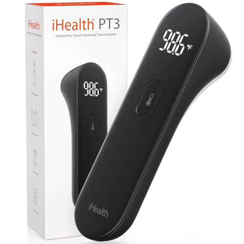 iHealth No-Touch Forehead Thermometer, Digital Infrared Thermometer for Adults and Kids, Non-Contact Baby Thermometer, 3 Ultra-Sensitive Sensors, Large LED Digits, Quiet Vibration Feedback, Black